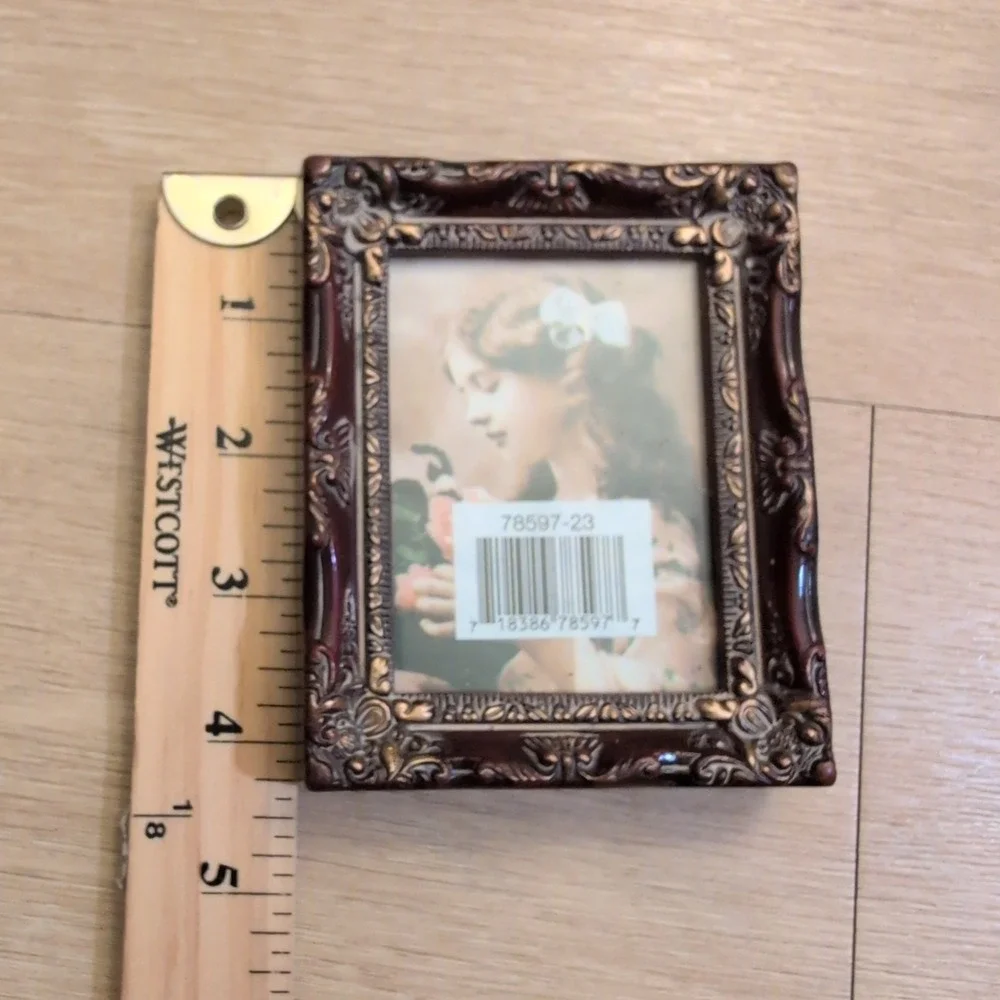 Vintage Ornate Miniature Picture Frame Baroque Gold Tone Red Mahogany 3.5x4.5
